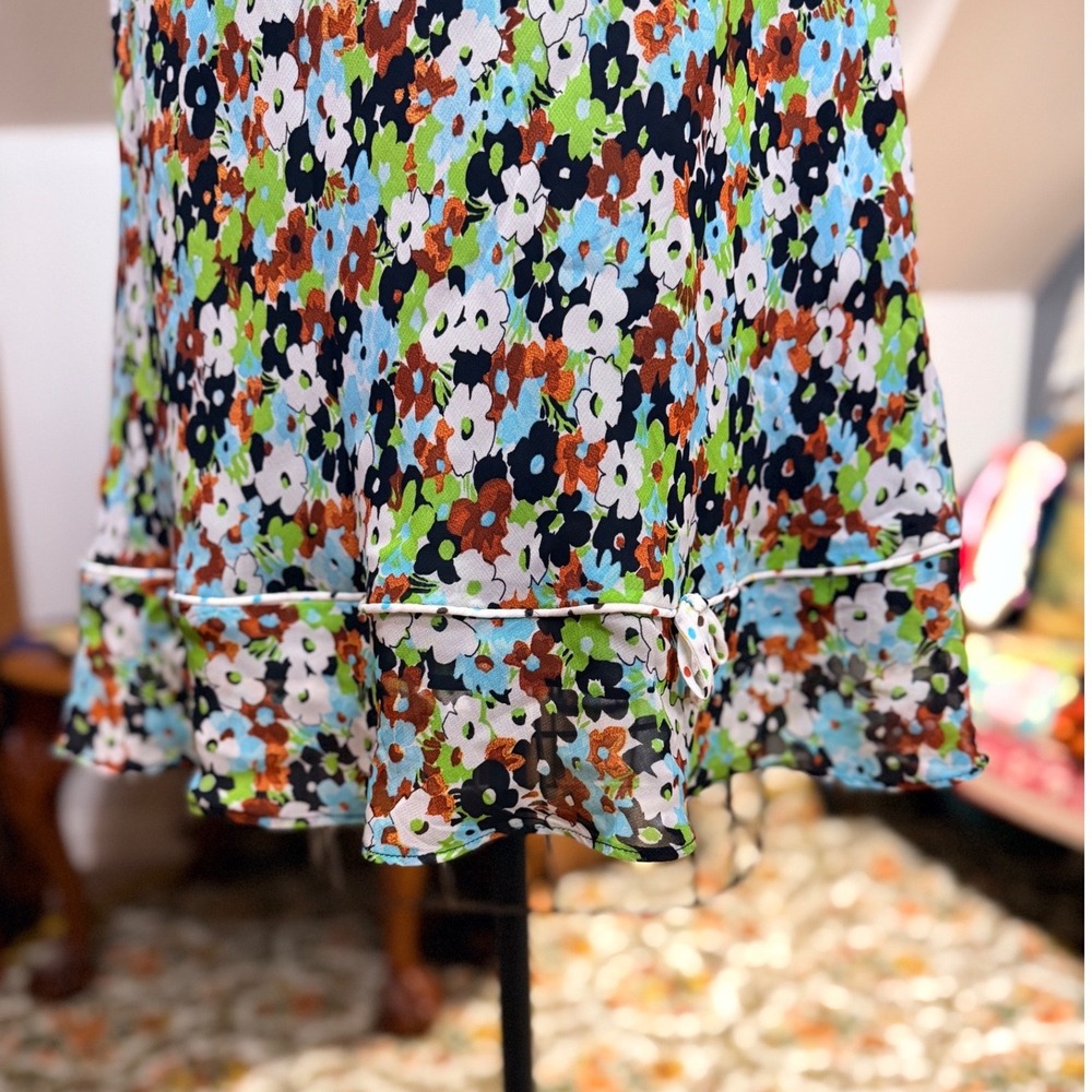 vintage Y2K 90s Floral Slip Dress XL Blue Green Rayon Ruffle Hem Made in USA - Picture 9 of 10